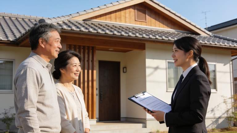 戸建住宅の前で書類を持った不動産会社の担当者と相談する住宅所有者