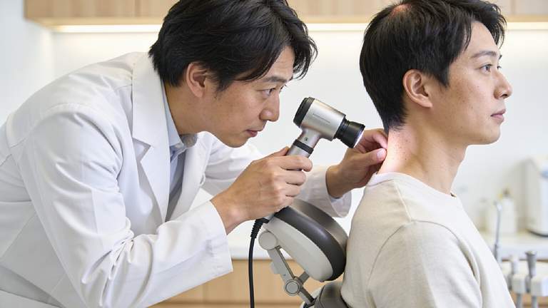 皮膚科の診察室で、医師がダーモスコープを使って患者の頭皮を観察している様子