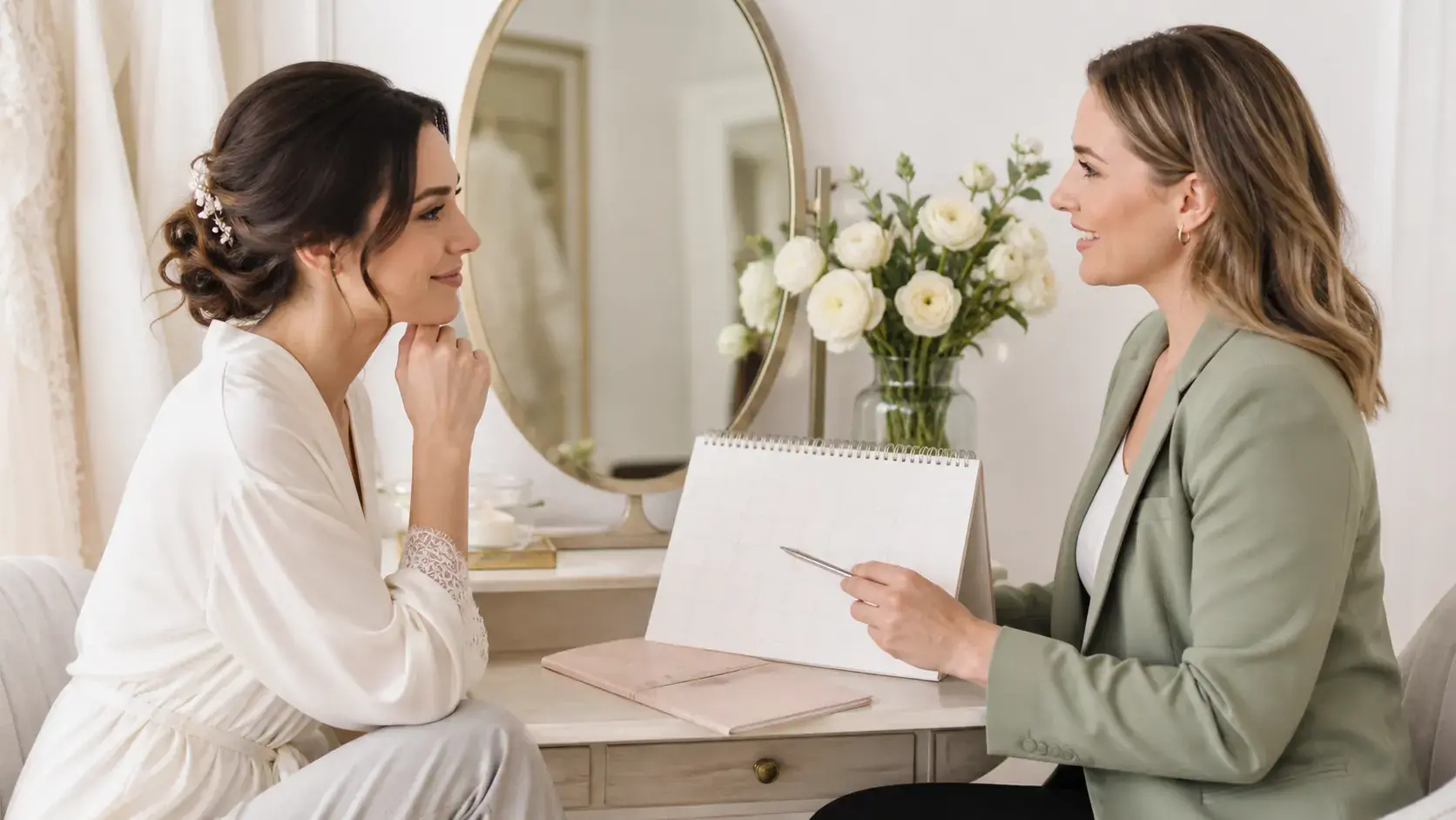 Bride-to-be discussing a pre-wedding beauty timeline with a skincare professional